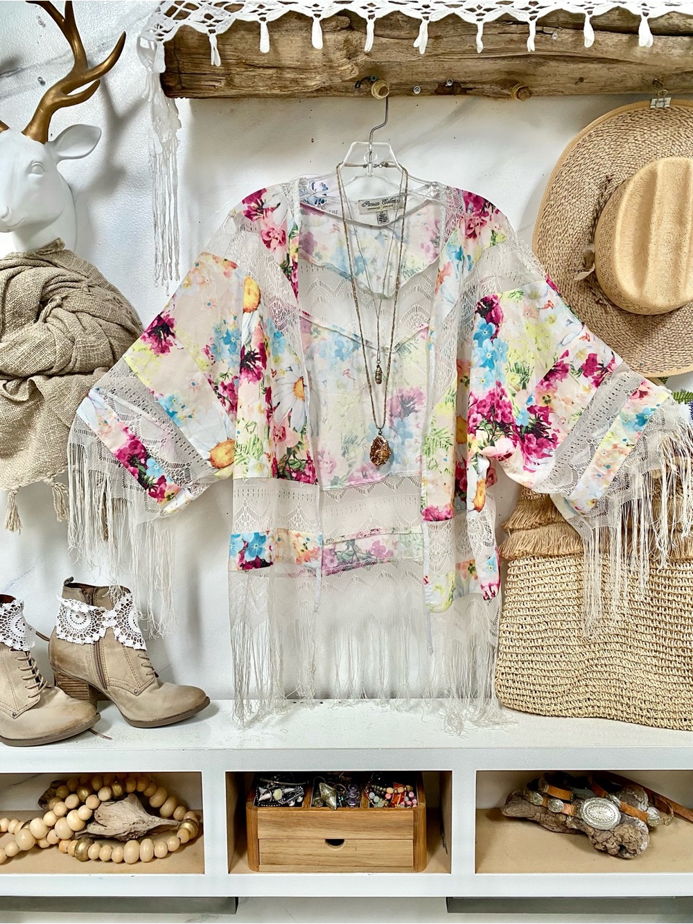 Fringe Artisan lace boho semi sheer cover up w resort vacay prairie Gypsy vibe